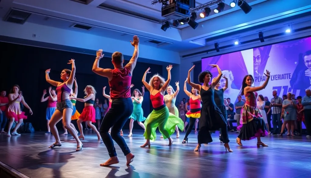 Generate an image of the Tel Aviv Dance Festival at the Suzanne Dellal Center, showcasing dancers in various performances.