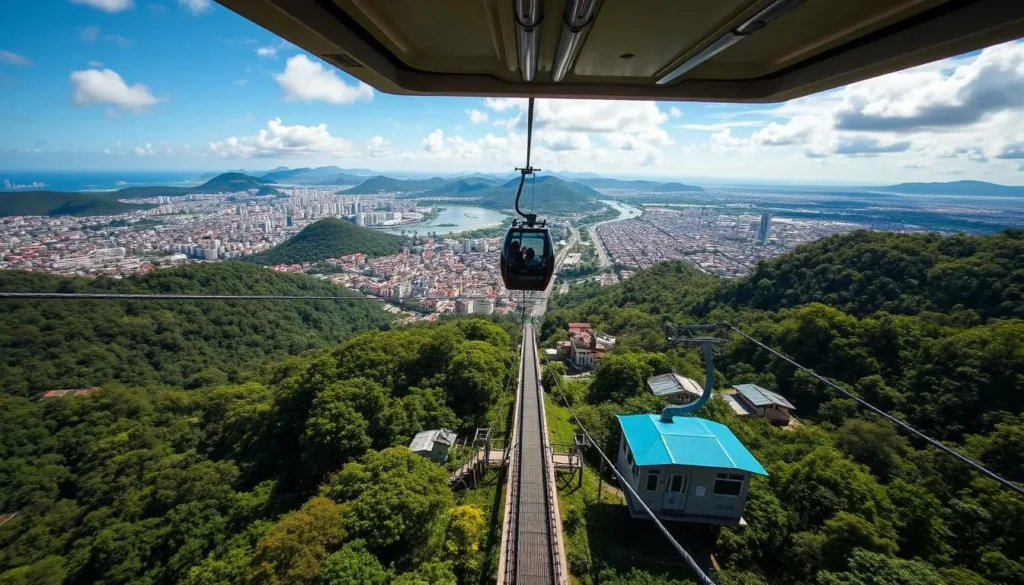Generate an image of the Teleferico de San Cristobal cable car ride with panoramic views of San Cristóbal