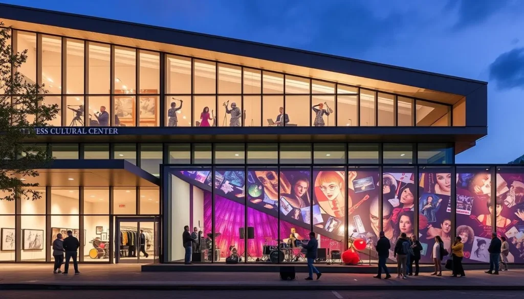 Generate an image of the Totness Cultural Center, showcasing its architecture and a performance or art exhibit.