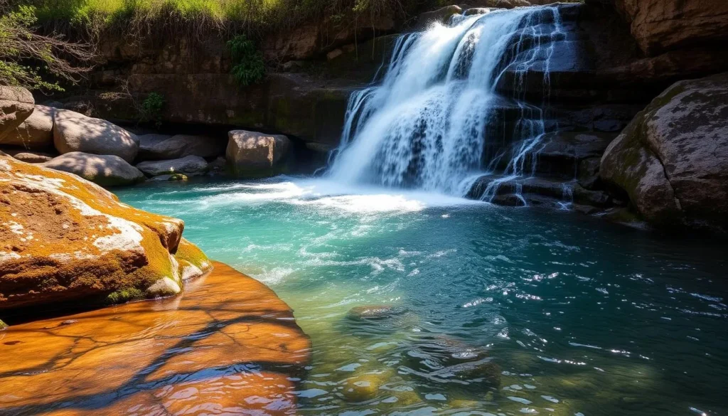 Generate an image of the Totness Waterfall, showcasing its serene environment and crystal-clear waters.