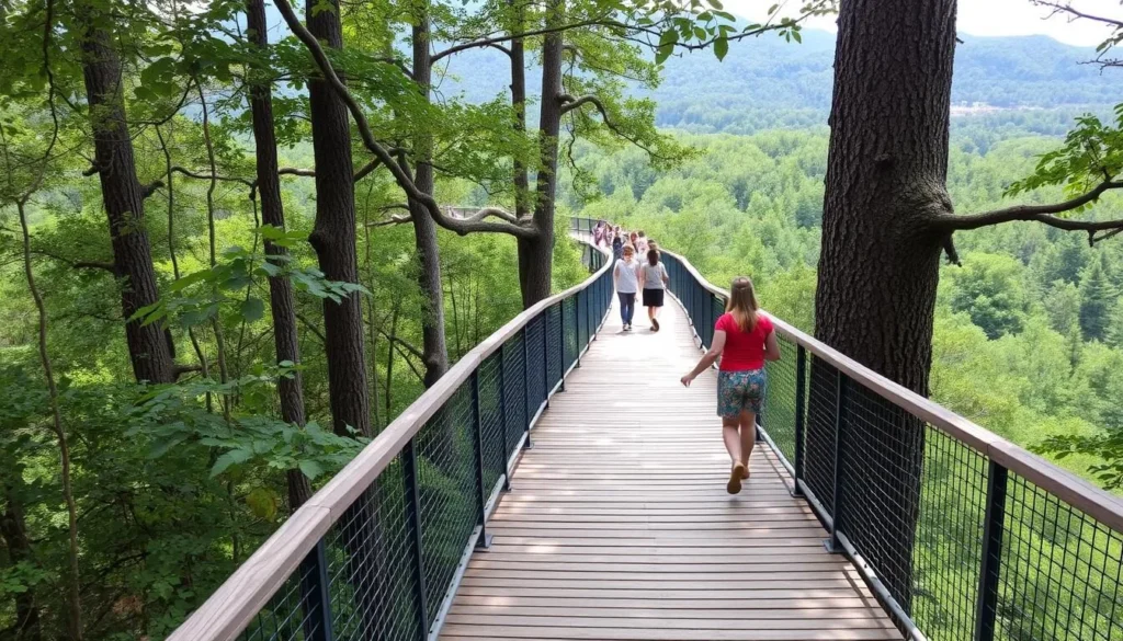 Generate an image of the Treetop Trail Lipno with visitors walking on the wooden pathway high above the forest floor.