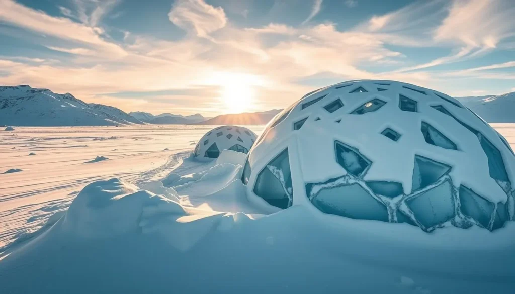 Generate an image of the Tromso Ice Domes at Camp Tamok, showcasing its intricate ice structures and snow-covered surroundings.