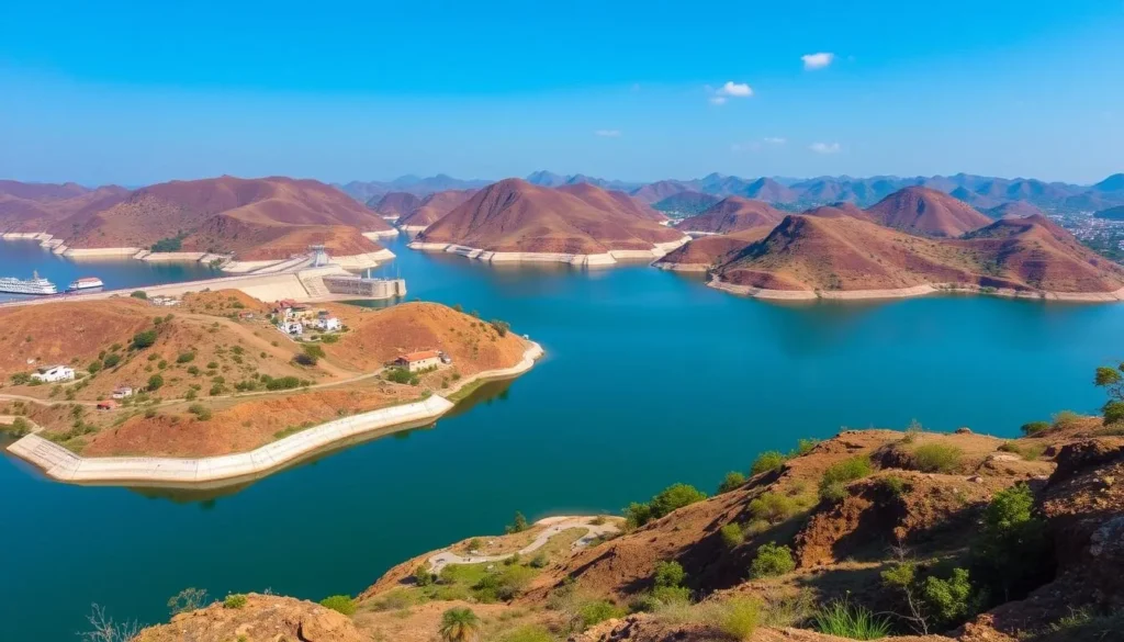 Generate an image of the Tungabhadra Dam with its vast reservoir and surrounding hills.