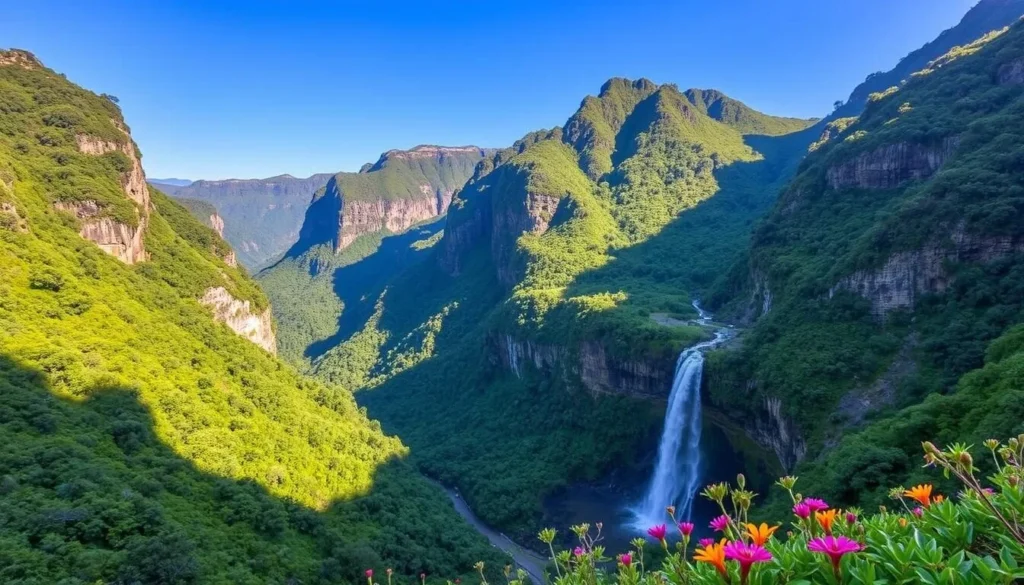 Generate an image of the Vale do Pati trek trail with lush green valleys and towering waterfalls.