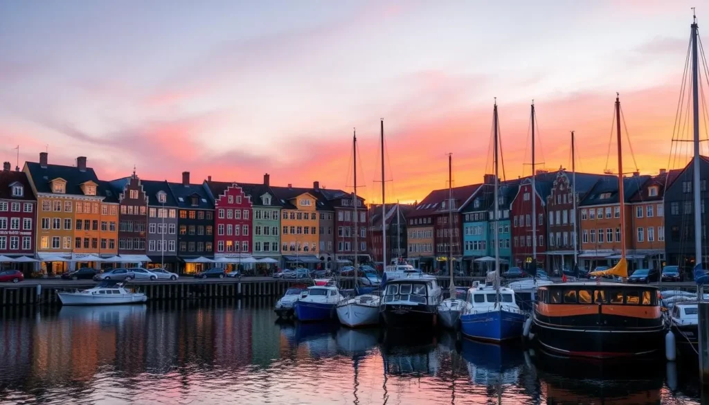 Generate an image of the Västervik harbor during sunset with colorful waterfront buildings.
