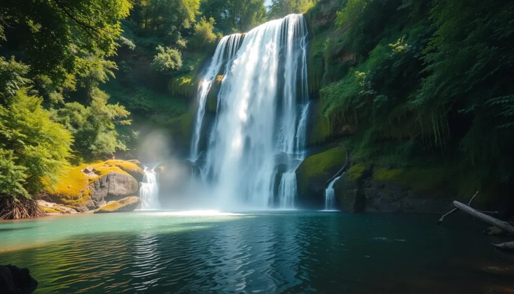 Generate an image of the Veil of the Nymphs Waterfall, a 50-meter high waterfall with a natural pool at its base.