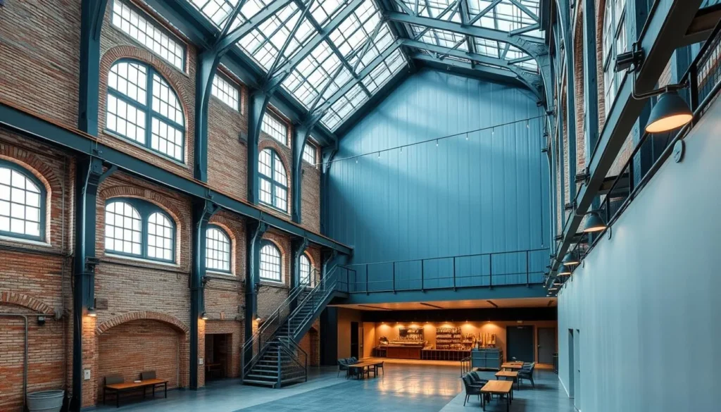 Generate an image of the Verkatehdas Cultural Center's interior, highlighting its preserved industrial architecture and modern amenities.