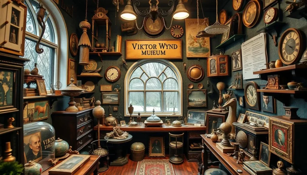 Generate an image of the Viktor Wynd Museum's eclectic collection, featuring unusual artifacts and curiosities.