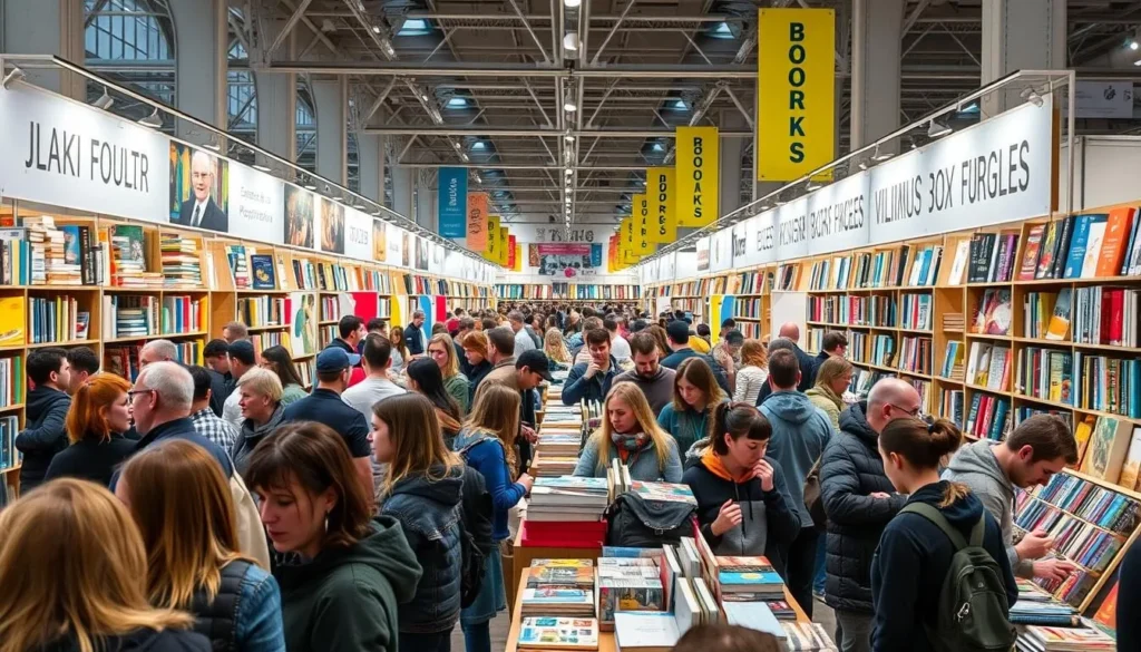 Generate an image of the Vilnius Book Fair with visitors browsing through books.