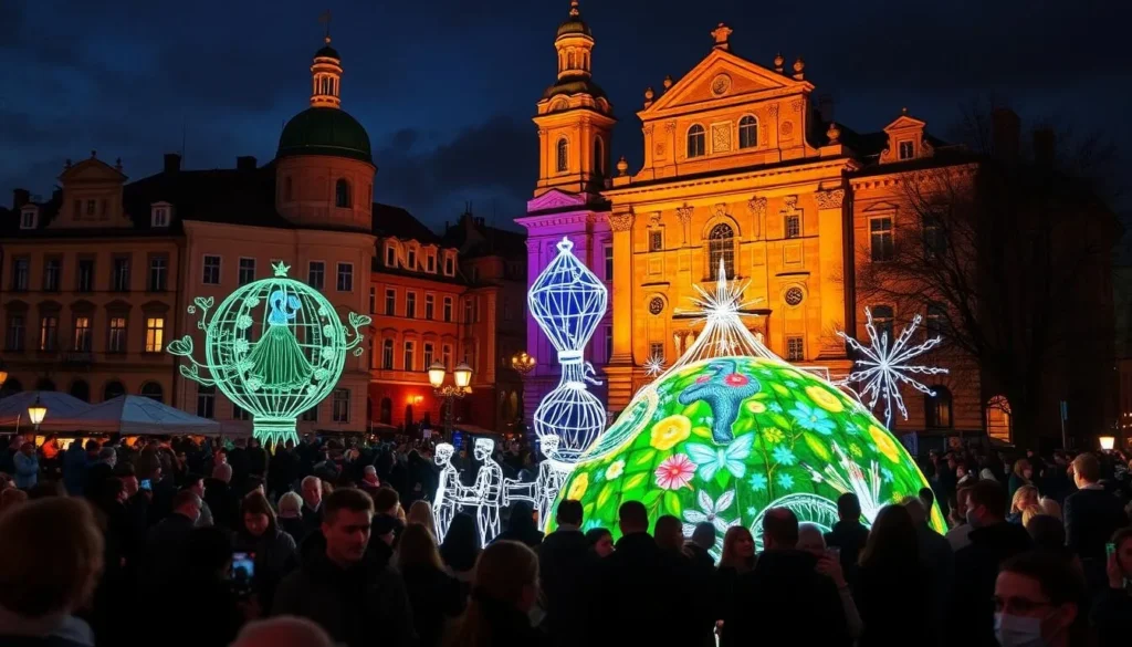 Generate an image of the Vilnius Light Festival with interactive light installations in the Old Town.