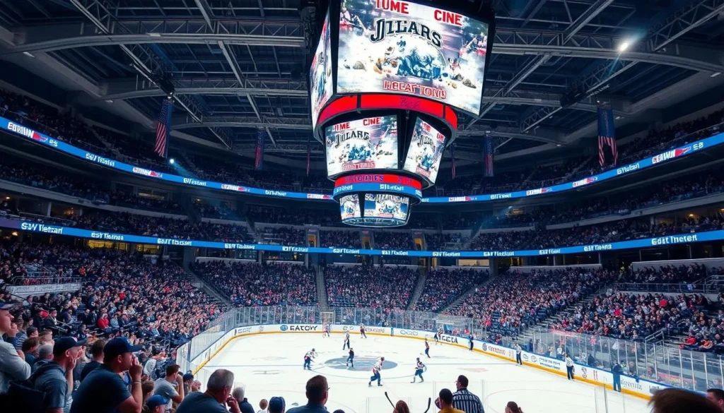 Generate an image of the Visions Veterans Memorial Arena during a Black Bears game. Generate an image of the Visions Veterans Memorial Arena during a Black Bears game.