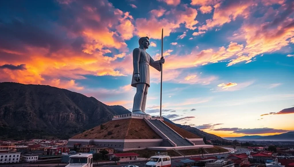 Generate an image of the White Giant of Huajsapata overlooking Puno