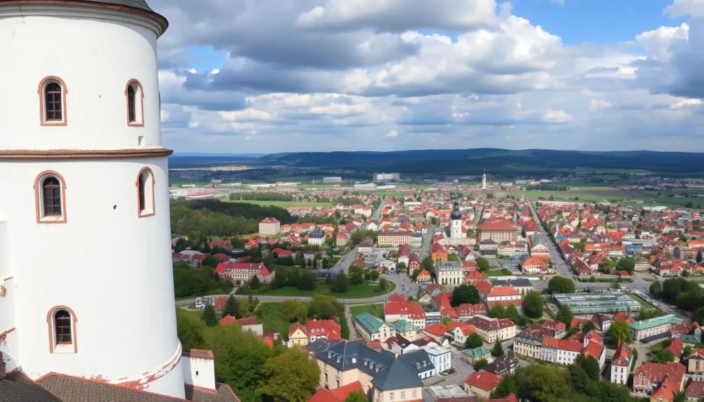 Generate an image of the White Tower in Hradec Kralove, Czech Republic, with a panoramic view of the city.
