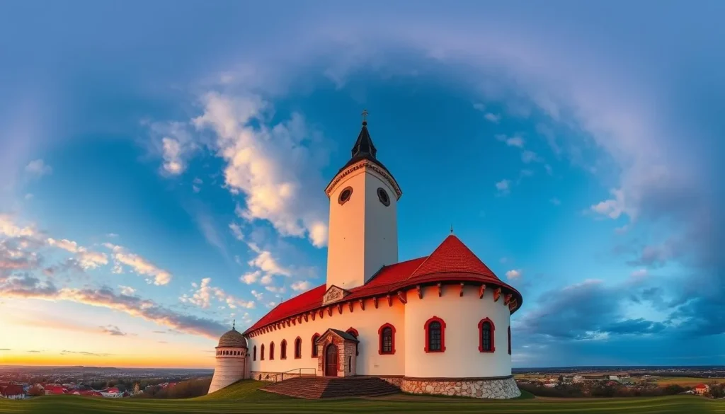 Generate an image of the White Tower in Hradec Kralove at sunset with 360-degree views of the city.