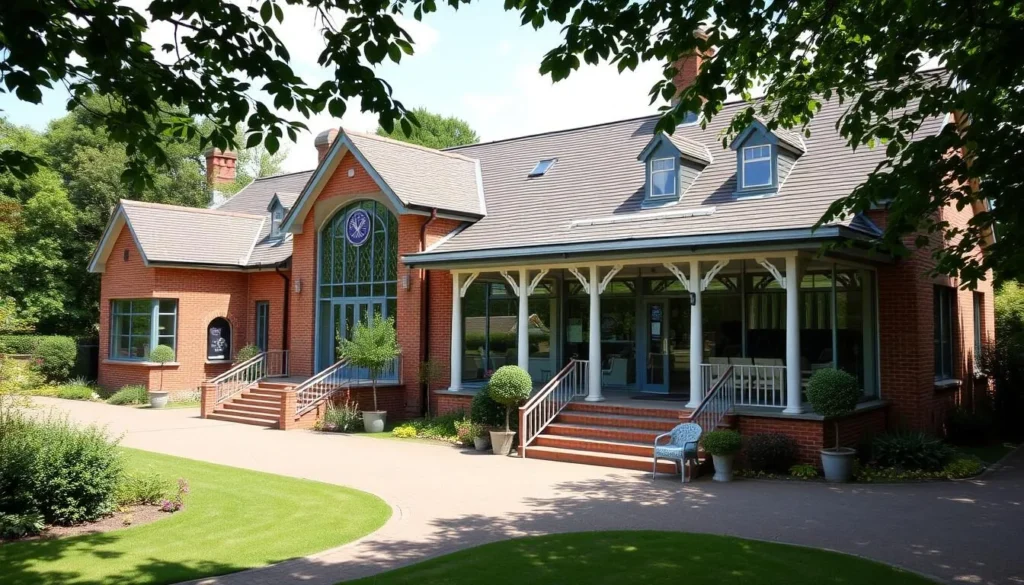 Generate an image of the Wimbledon Lawn Tennis Museum's exterior