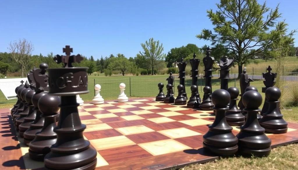 Generate an image of the World's Largest Chess Set, showcasing its massive board and intricately crafted pieces.