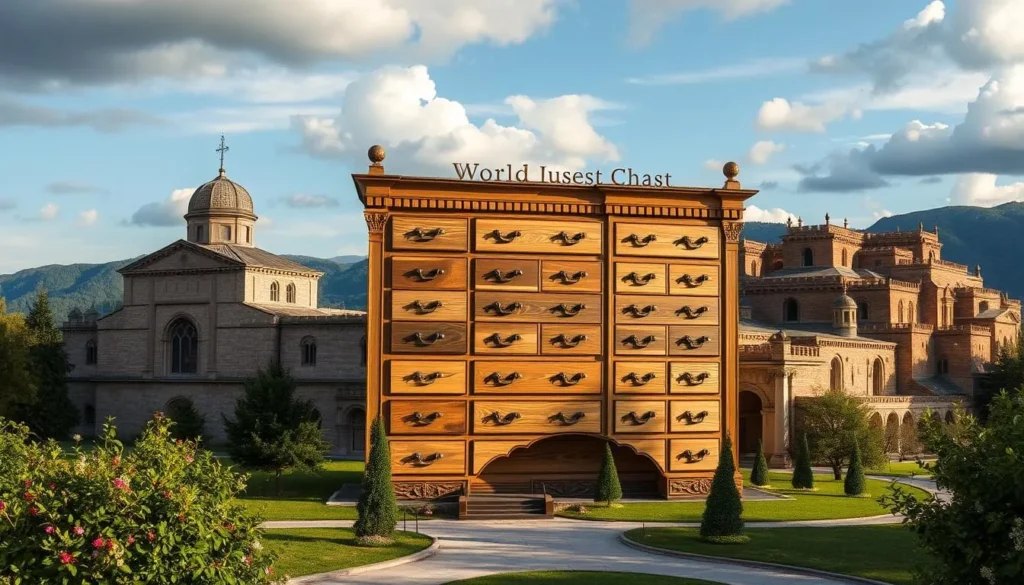 Generate an image of the World's Largest Chest of Drawers, highlighting its unique architecture and surroundings.