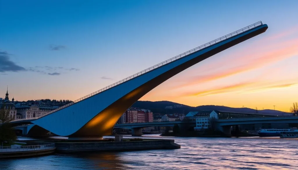 Generate an image of the Ypsilon Bridge at sunset, highlighting its unique Y-shaped design and the Drammen River below.