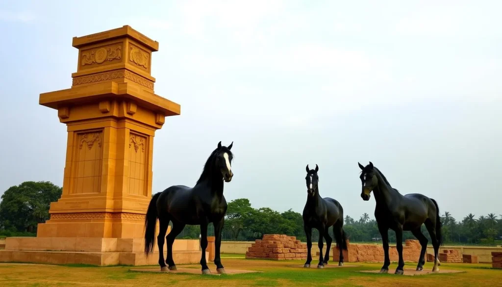 Generate an image of the Zero Mile Stone monument in Nagpur, featuring a sandstone pillar surrounded by four horses.