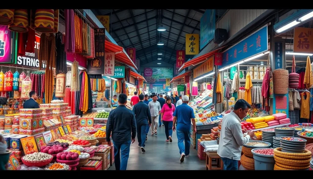 Generate an image of the bustling Hong Kong Market in Siliguri, showcasing a variety of goods and local crafts.