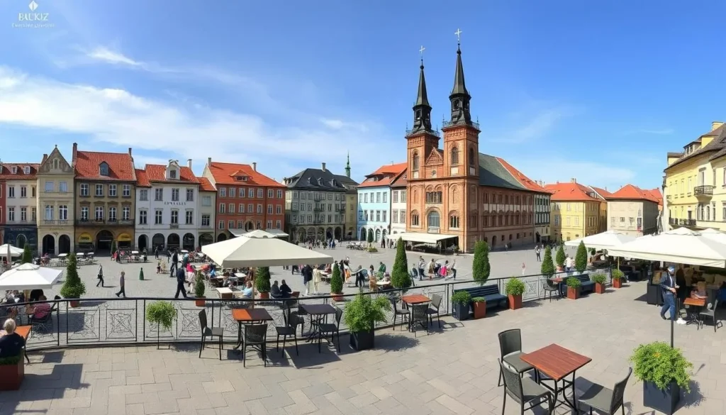 Generate an image of the cafe terrace at U Zlateho Kahouta with a panoramic view of Kromeriz's town square.