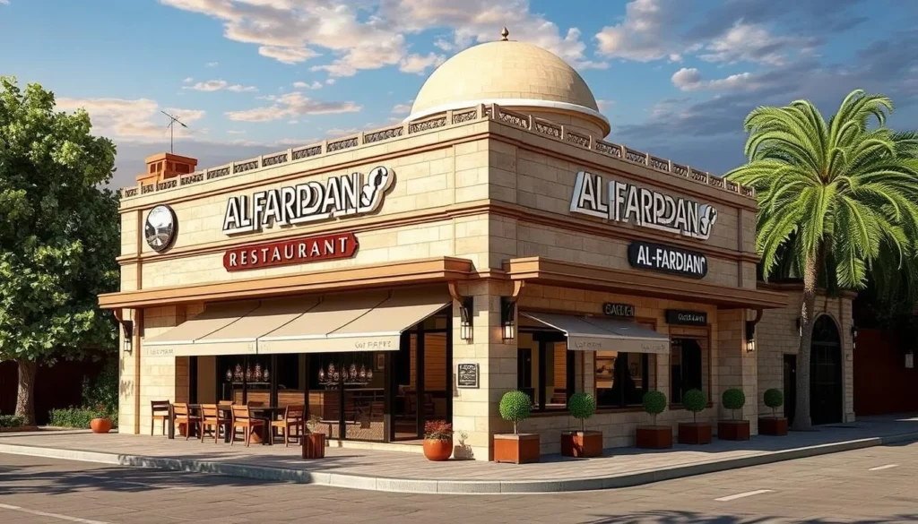 Generate an image of the exterior of Al-Fardan Restaurant.