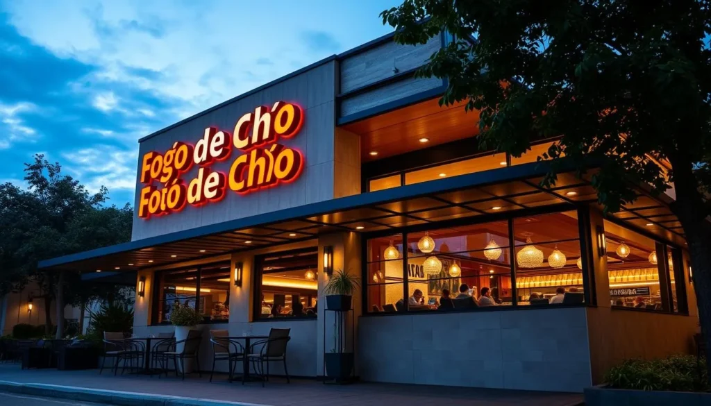 Generate an image of the exterior of Fogo de Chão in Brasilia, showcasing its modern architecture and inviting ambiance.