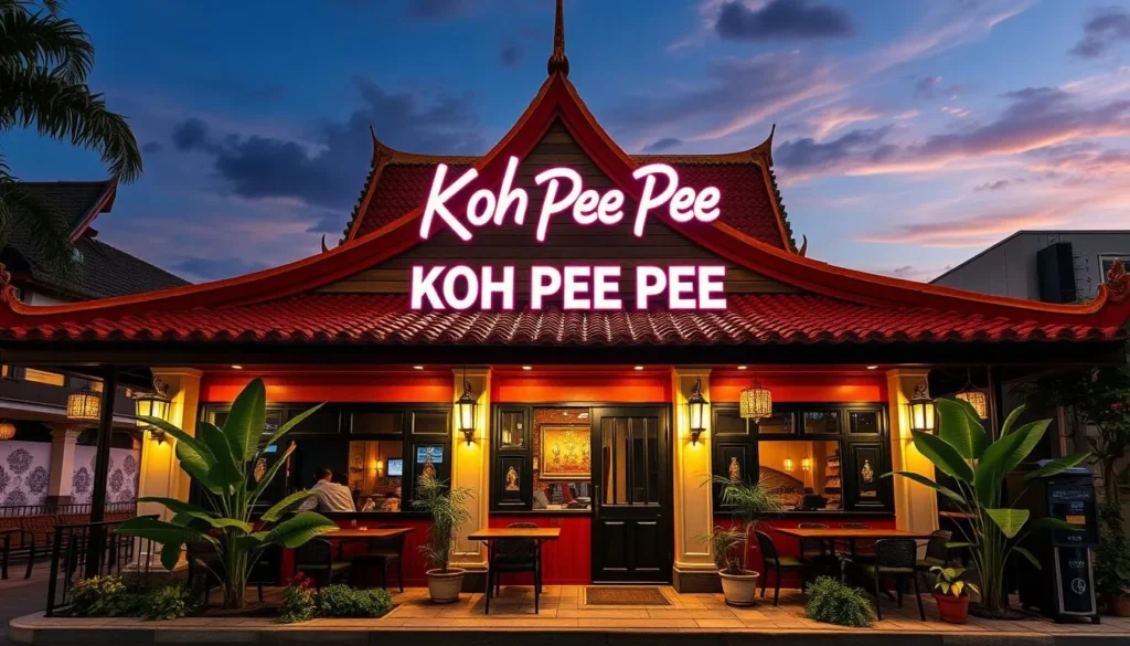 Generate an image of the exterior of Koh Pee Pee restaurant in Brasilia, showcasing its unique Thai-Brazilian architectural blend.