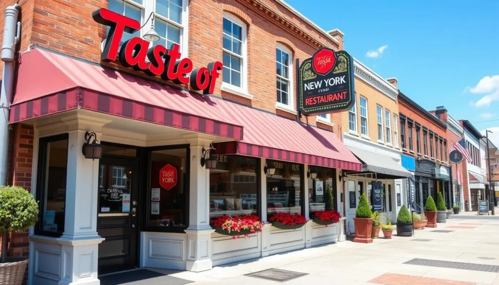 Generate an image of the exterior of Taste of New York Restaurant in Clayton, Delaware, showcasing its inviting facade and signage.