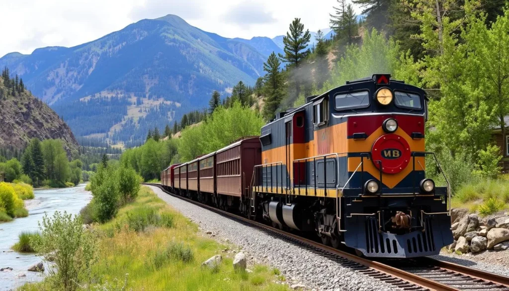 Generate an image of the historic Durango & Silverton Narrow Gauge Railroad train chugging along the Animas River.