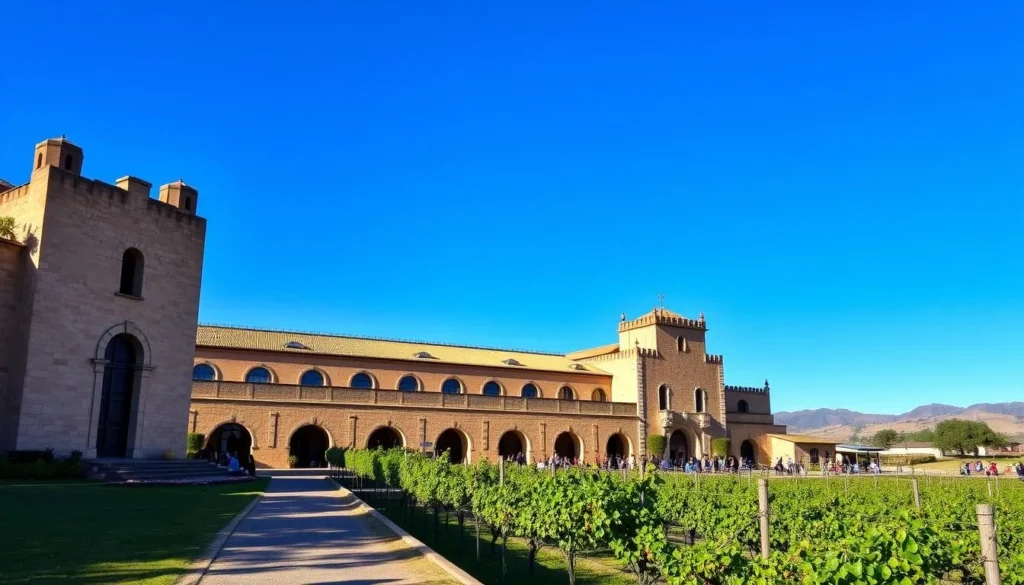Generate an image of the historic Tacama Winery in Ica, Peru, showcasing its architecture and vineyards.