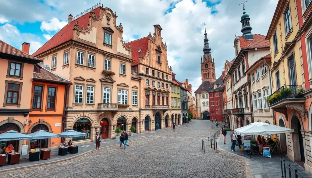 Generate an image of the historical town center, featuring its cobblestone streets and historic buildings.