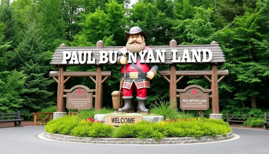 Generate an image of the iconic Paul Bunyan Land entrance with the talking Paul Bunyan statue.