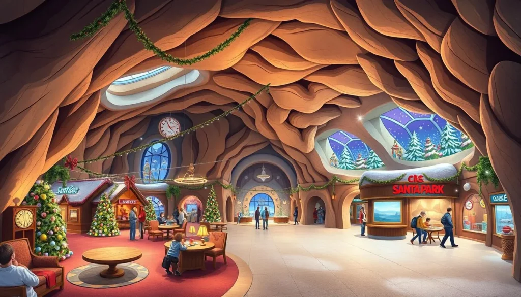 Generate an image of the interior of SantaPark, showcasing its underground cavern and attractions.