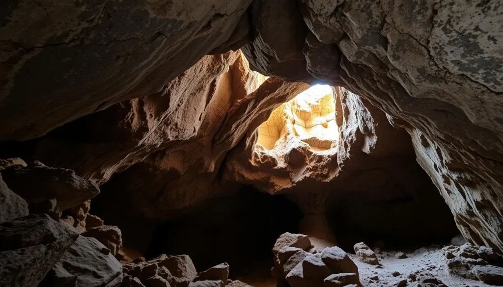 Generate an image of the interior of Trollkirka Caves, showcasing its unique rock formations.
