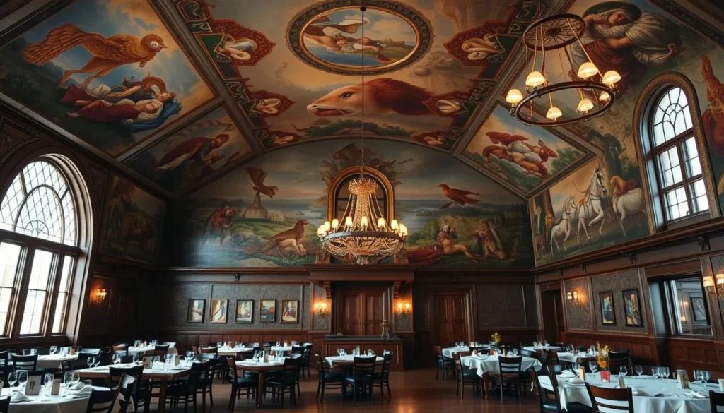 Generate an image of the interior of Turner Hall in New Ulm, Minnesota, showcasing its murals and dining area.
