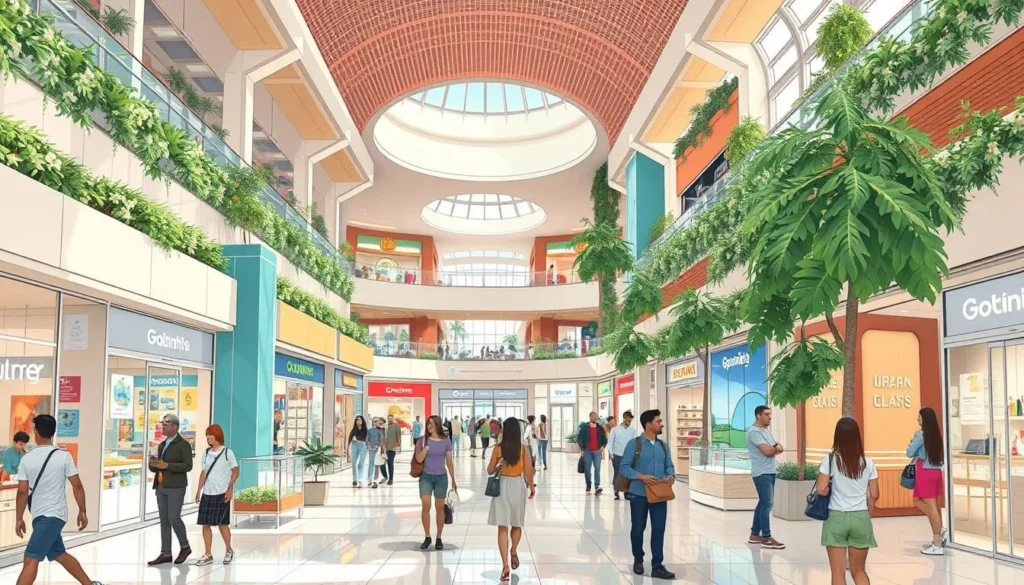 Generate an image of the interior of Urban Oasis Mall, showing various shops and entertainment options.