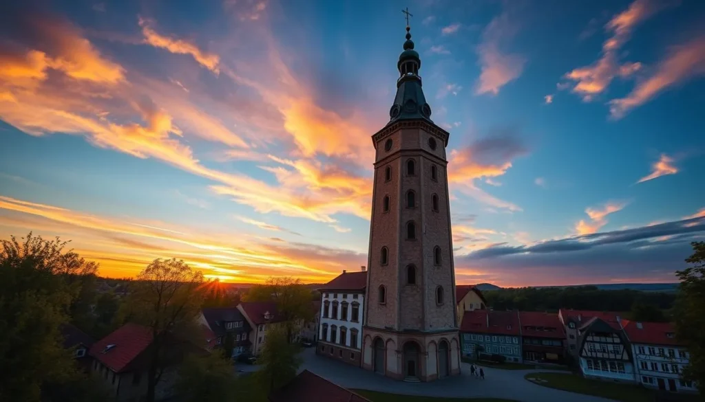 Generate an image of the leaning town hall tower in Uherske Hradiste