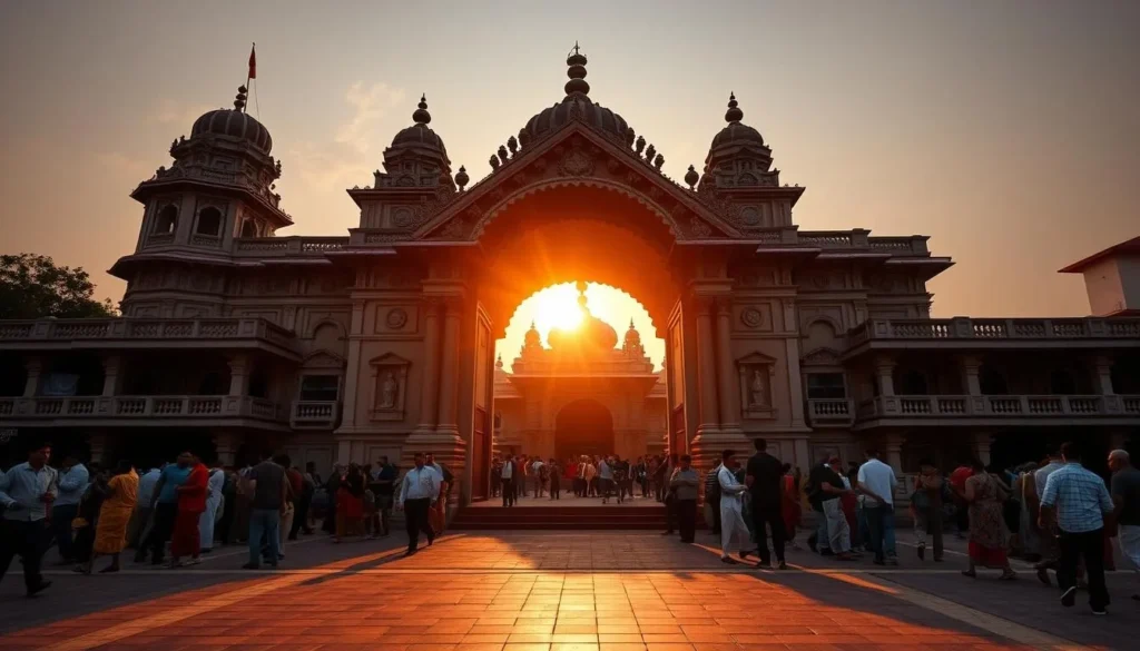 Generate an image of the majestic Dakshineswar Kali Temple at sunrise, with devotees gathered at the entrance.
