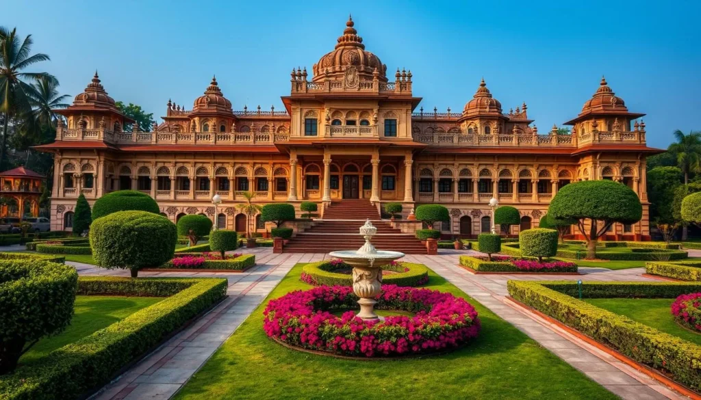Generate an image of the majestic Jai Vilas Palace with its stunning architecture and beautiful gardens.