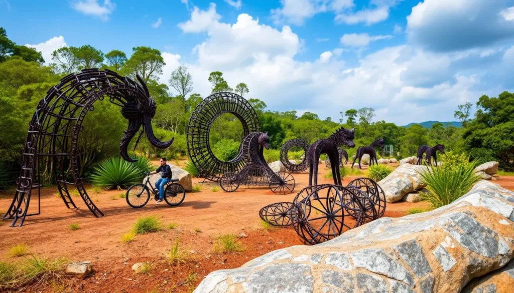 Generate an image of the metallic garden at Oravakallu Rock Garden with iron sculptures.