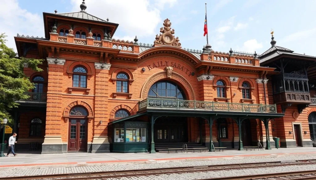 Generate an image of the restored Turkish Railway Station, highlighting its historical architecture and exhibits. Generate an image of the restored Turkish Railway Station, highlighting its historical architecture and exhibits.
