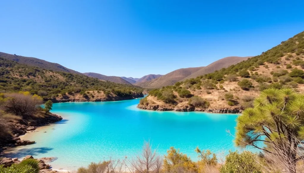 Generate an image of the turquoise-blue waters of Pozos Azules, with rolling hills in the background.