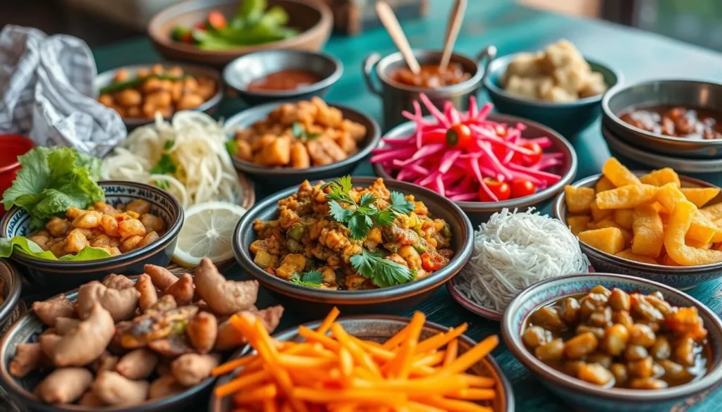 Generate an image of traditional Surinamese cuisine, featuring local dishes and ingredients.