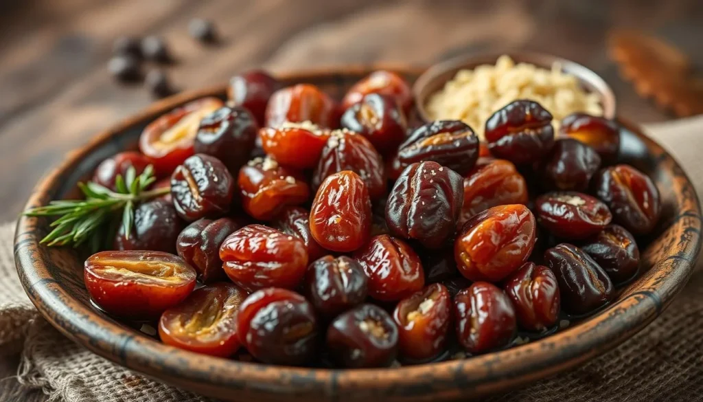 Generate an image of traditional food in Hufuf-Mubarraz, highlighting local delicacies and dates.