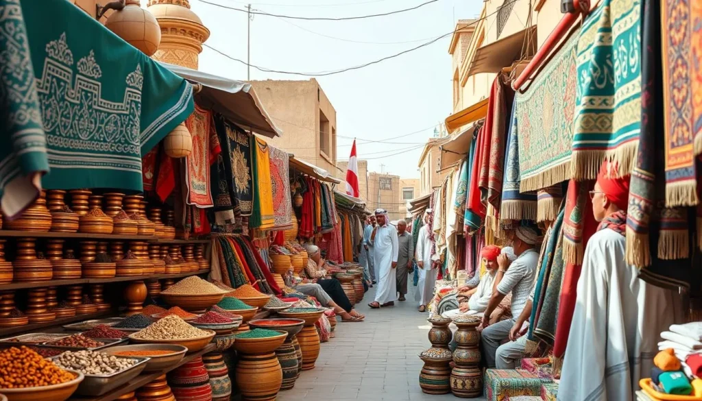 Generate an image of traditional souqs in Hufuf, Saudi Arabia, showcasing vibrant local goods and textiles.