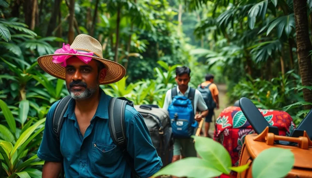 Generate an image of visitors trekking through the Nedumkayam Rainforest with a tribal guide.