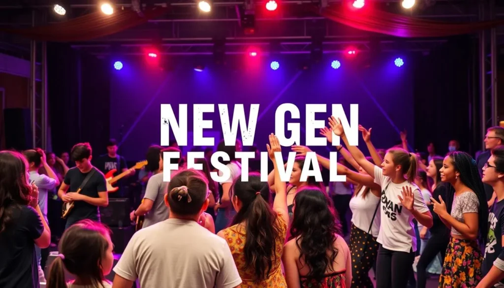 Generate an image of young performers at the New Gen Festival, with a mix of music, dance, and art on display.