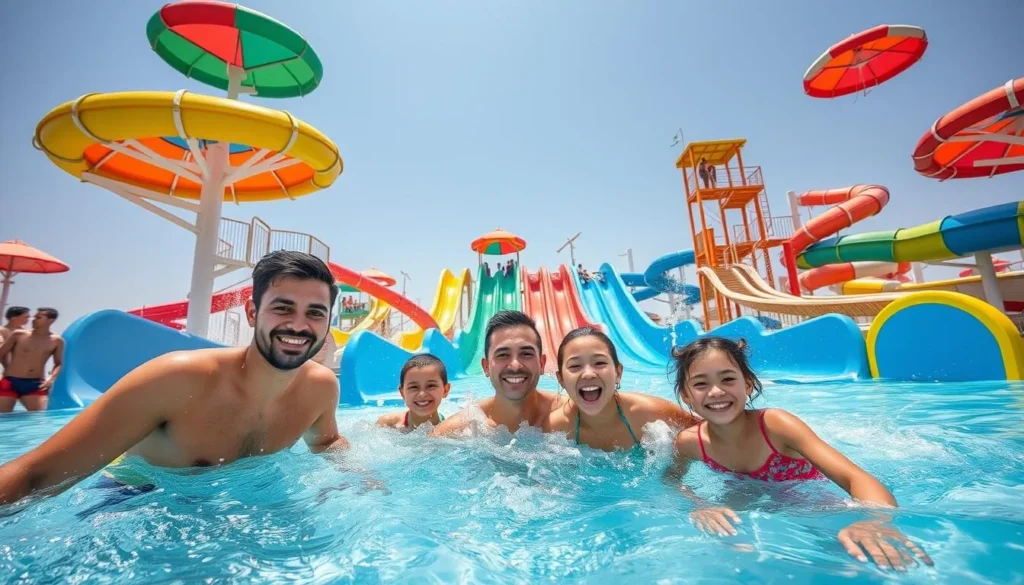 Get an image of a family enjoying the Aqua Park at Al Kout Beach.