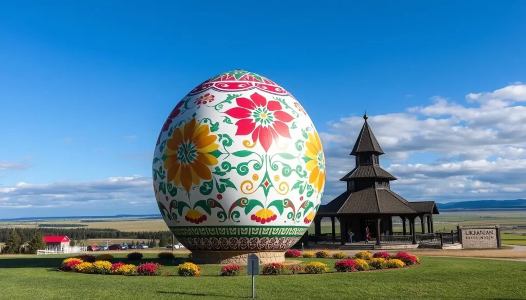 Giant Pysanka in Vegreville, Alberta, Canada, surrounded by Ukrainian cultural elements and scenic landscape.